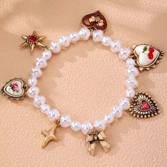 XMAS SALE Gold Red and White Coquette Pearl Charm Bracelet - Picture 2 of 4